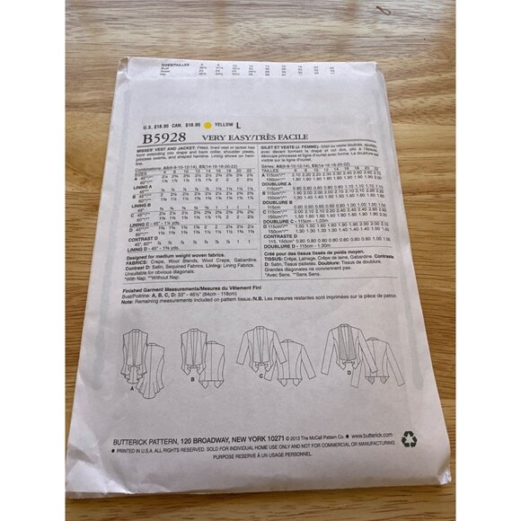 Butterick  Vest and Jacket Easy Sewing Pattern Sizes 14 - 22  New Uncut #B5928 - Picture 3 of 4